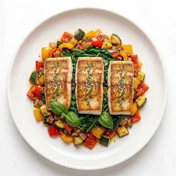 Pan-Seared Fish with Wilted Spinach and Vegetable medley